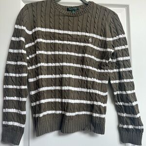 Lauren Ralph Lauren Women's Olive and White Striped Crewneck Sweater